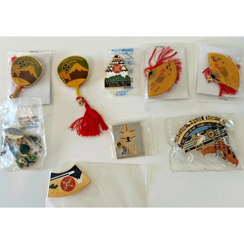 Vtg Lions Club Pin Lot 9 Pc Florida Japan Fan tassel Gold Tone